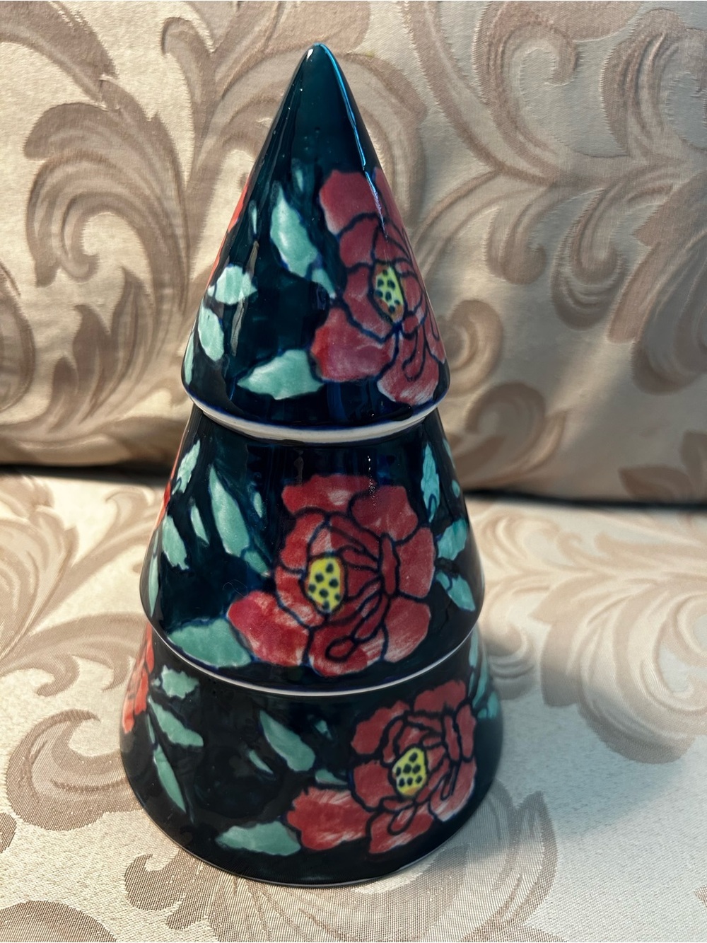 VarEsha Ceramic Christmas Tree Red Flowers Handpainted Home Decor Holiday Accent